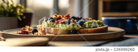 Delicious creative toasts featuring smashed avocado, fresh blueberries, and crispy bacon are beautifully arranged on a wooden board. Morning light enhances the appealing breakfast spread 126899260