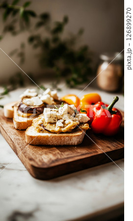 Delicious breakfast features creative toasts topped with roasted bell peppers and feta cheese, presented on a wooden board in a warm kitchen atmosphere. Perfect start to the day Delicious breakfast features creative toasts topped with roasted bell peppers and feta cheese, presented on a wooden board in a warm kitchen atmosphere. Perfect start to the day 126899270