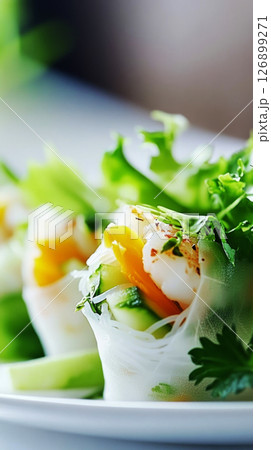 Fresh spring rolls filled with shrimp, lettuce, and herbs are artfully placed on a plate, accompanied by a small bowl of dipping sauce in a delightful dining atmosphere Fresh spring rolls filled with shrimp, lettuce, and herbs are artfully placed on a plate, accompanied by a small bowl of dipping sauce in a delightful dining atmosphere 126899271