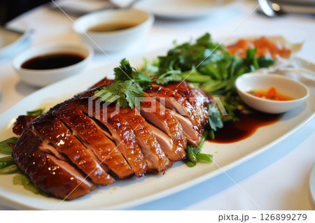 Delicious slices of Peking duck are presented with cucumbers and flavorful sauces. The dish contrasts beautifully against a serene beach sunset Delicious slices of Peking duck are presented with cucumbers and flavorful sauces. The dish contrasts beautifully against a serene beach sunset 126899279