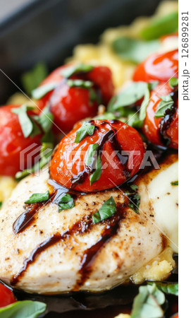 Delicious polenta is plated with slices of ripe tomatoes and creamy mozzarella. Garnished with fresh basil leaves, this traditional Italian dish showcases vibrant colors and flavors Delicious polenta is plated with slices of ripe tomatoes and creamy mozzarella. Garnished with fresh basil leaves, this traditional Italian dish showcases vibrant colors and flavors 126899281