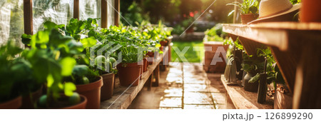 A cozy greenhouse showcases an array of healthy plants and herbs, basking in natural light, while the garden outside adds to the serene atmosphere, banner A cozy greenhouse showcases an array of healthy plants and herbs, basking in natural light, while the garden outside adds to the serene atmosphere, banner 126899290