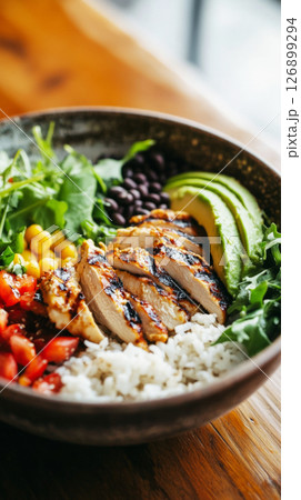 A vibrant breakfast bowl features grilled chicken, fluffy rice, black beans, fresh greens, corn, tomatoes, and avocado, served in a charming cafe setting 126899294