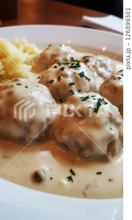 Enjoying a plate of traditional Konigsberger Klopse, featuring tender meatballs in a rich cream sauce, paired perfectly with fluffy mashed potatoes Enjoying a plate of traditional Konigsberger Klopse, featuring tender meatballs in a rich cream sauce, paired perfectly with fluffy mashed potatoes 126899301