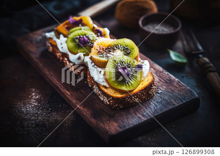 Brightly colored toasts with an assortment of fruits and yogurt are artfully arranged on a dark slate plate, creating a visually appealing breakfast setting perfect for a cozy morning Brightly colored toasts with an assortment of fruits and yogurt are artfully arranged on a dark slate plate, creating a visually appealing breakfast setting perfect for a cozy morning 126899308
