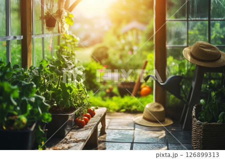 Sunlight pours into a charming greenhouse, illuminating the lush greenery and fresh vegetables as a straw hat hangs on a wooden rack, creating a serene atmosphere 126899313