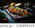 Deliciously prepared creative toasts showcase a combination of melted cheese, flavorful sauces, and fresh basil on a rustic wooden serving board for breakfast 126899319