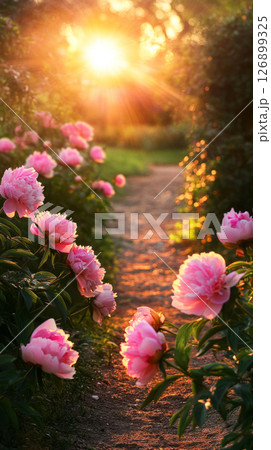 A serene path winds through a lush garden filled with soft pink peonies as warm sunlight filters through the trees, creating a peaceful atmosphere during golden hour A serene path winds through a lush garden filled with soft pink peonies as warm sunlight filters through the trees, creating a peaceful atmosphere during golden hour 126899325