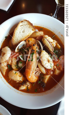 Traditional bouillabaisse seafood stew served in a rustic bowl with fresh herbs and crusty bread at a cozy French restaurant 126899331