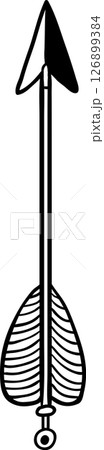 Simple black and white line art drawing of an upward pointing arrow with striped fletching and nocked end, isolated on white background, suitable for various design purposes Simple black and white line art drawing of an upward pointing arrow with striped fletching and nocked end, isolated on white background, suitable for various design purposes 126899384