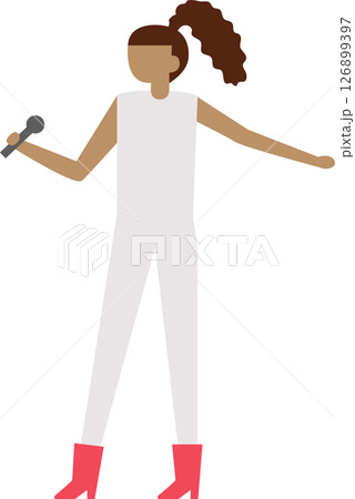 Young woman with brown hair tied in a ponytail, dressed in white, holding a microphone and singing, wearing red high heeled boots, performing on stage 126899397