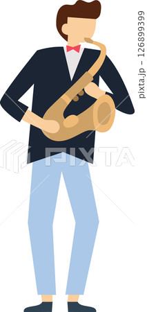 Saxophonist playing captivating melodies with his saxophone, dressed in an elegant suit and bow tie, perfectly embodying the essence of jazz, blues, and classical music genres Saxophonist playing captivating melodies with his saxophone, dressed in an elegant suit and bow tie, perfectly embodying the essence of jazz, blues, and classical music genres 126899399