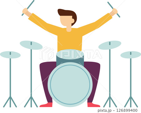 Enthusiastic drummer sitting with legs spread while passionately playing drums, arms raised high with drumsticks, captured in a vibrant and colorful illustration 126899400