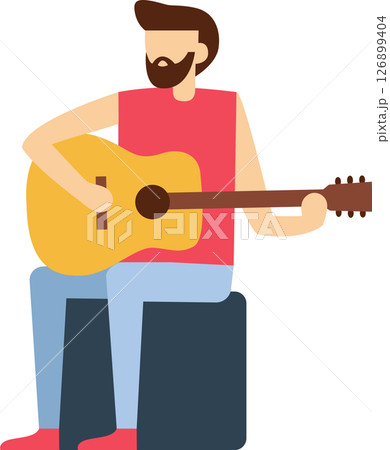 Bearded guitarist sitting on a stool, passionately playing an acoustic guitar and creating vibrant melodies in a colorful, minimalist style that captures the essence of music and creativity 126899404