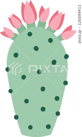 Light green cactus featuring dark green dots and vibrant pink flowers blooming on top, presented as a simple vector illustration against a clean white background 126899411