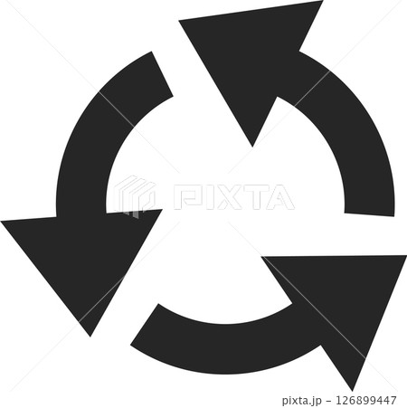 Circular arrow rotating clockwise, forming a continuous loop with three curved arrows, representing refresh action and cyclical processes in a simple black vector icon 126899447