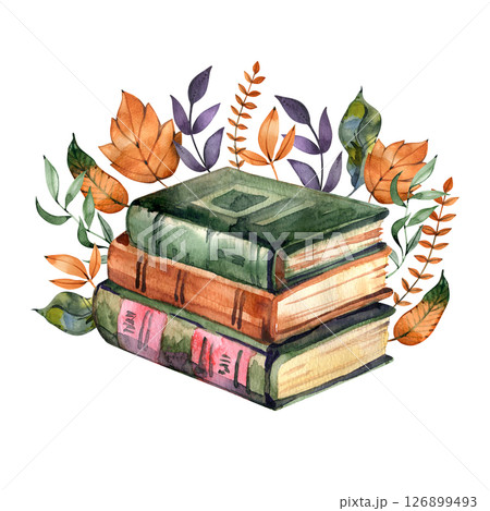 Watercolor Illustration books and autumn leaves. Hand drawn fall art work. 126899493
