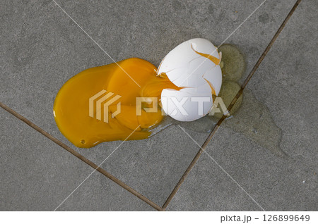 Broken egg spills vibrant yolk on tiled floor in sunlit kitchen Broken egg spills vibrant yolk on tiled floor in sunlit kitchen 126899649