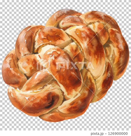 A watercolor illustration of a freshly baked, golden-brown braided bread, for bakery or pastry menu, isolated on white background 126900000