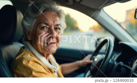 portrait of a Senior Caucasian woman with gray hair driving a car. She smiles while holding the steering wheel, grandmother retired driver portrait of a Senior Caucasian woman with gray hair driving a car. She smiles while holding the steering wheel, grandmother retired driver 126900010