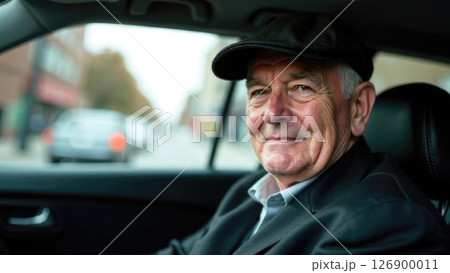 Senior Caucasian man with gray hair and a cap sitting in the passenger seat of a car. An elderly grandfather is a driver Senior Caucasian man with gray hair and a cap sitting in the passenger seat of a car. An elderly grandfather is a driver 126900011