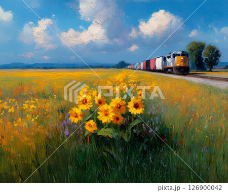 一面のひまわり畑と貨物列車 油絵風の向日葵畑のイラストのイラスト
