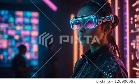 Woman wearing vr headset in a futuristic cyberpunk setting, neon lights, digital interface glow, dark urban backdrop, sci-fi technology	 126900088