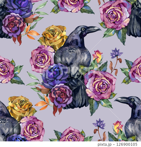 Watercolor vintage seamless pattern. Raven birds with roses. Halloween gothic seamless pattern with creepy birds and flowers in goth style. Watercolor spooky background for scary design Watercolor vintage seamless pattern. Raven birds with roses. Halloween gothic seamless pattern with creepy birds and flowers in goth style. Watercolor spooky background for scary design 126900105
