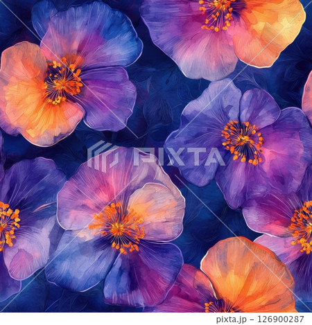 A vibrant arrangement of purple and orange flowers creating a beautiful floral composition Seamless Texture 126900287