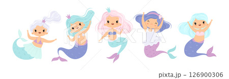 Cute Mermaid Girl with Wavy Hair and Fish Tail Vector Set Cute Mermaid Girl with Wavy Hair and Fish Tail Vector Set 126900306