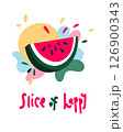 Playful graphic of a watermelon slice with bright abstract splashes and the phrase Slice of Happy in bold hand-drawn font.  126900343