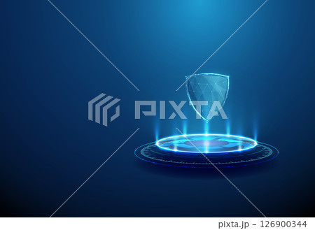 Shield on futuristic podium. Cybersecurity, digital protection, data security, encryption technology concept. 126900344