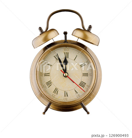 alarm clock, vintage clock with time 11 hours 56 minutes, a.m. 11:56, p.m. 11:56, on isolated white background alarm clock, vintage clock with time 11 hours 56 minutes, a.m. 11:56, p.m. 11:56, on isolated white background 126900493