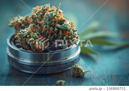 Fresh Cannabis Buds on Grinder with Blue Background for Medical and Recreational Use Generative AI Fresh Cannabis Buds on Grinder with Blue Background for Medical and Recreational Use Generative AI 126900731