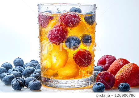 Refreshing Summer Fruit Beverage with Blueberries, Raspberries, and Ice Cubes Against White Background Generative AI 126900796