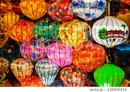 Colorful Vietnamese Silk Lanterns Displayed at a Market Stall, Symbolizing Festive Tradition 126900834