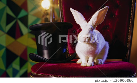 White rabbit perched on red velvet chair beside magician's top hat, embodying mystical performance moment and classic stage illusion magic 126900866