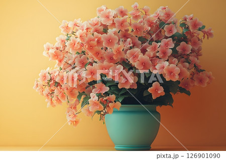 Elegant Peach Hibiscus Arrangement in Turquoise Pot against Orange Background for Interior Decoration Generative AI 126901090