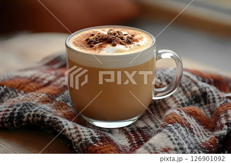Cozy Autumn Hygge with Latte and Cinnamon on Rustic Blanket Generative AI 126901092