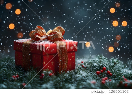 Festive Christmas Gift Box with Snowflakes and Holiday Lights for Seasonal Decor Generative AI 126901102
