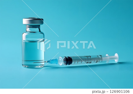 Medical Vaccination Concept with Syringe and Vial on Blue Background for Healthcare Design Generative AI Medical Vaccination Concept with Syringe and Vial on Blue Background for Healthcare Design Generative AI 126901106