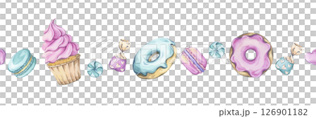 Watercolor sweets seamless border. Cupcakes, donuts, macarons, and candies in pink and turquoise colors. Hand-painted illustration. Ideal for kids parties and baby showers decor, bakery decoration 126901182