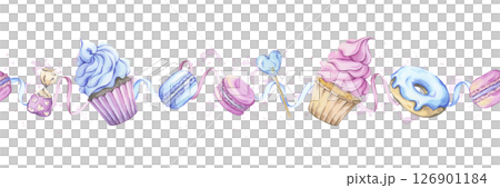 Seamless border with sweets. Festive watercolor illustration. Cupcakes, macarons, donuts, and ribbons in pastel pink and blue. Great for kids party decor, baby showers, and sweet gift packaging Seamless border with sweets. Festive watercolor illustration. Cupcakes, macarons, donuts, and ribbons in pastel pink and blue. Great for kids party decor, baby showers, and sweet gift packaging 126901184