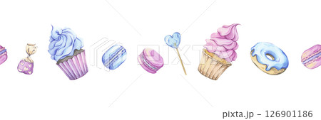 Watercolor sweet treats seamless border for baby shower and pastry shop decorations. Hand-painted illustration. Cupcakes, donuts, and macarons in soft pink and blue Watercolor sweet treats seamless border for baby shower and pastry shop decorations. Hand-painted illustration. Cupcakes, donuts, and macarons in soft pink and blue 126901186