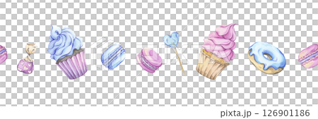 Watercolor sweet treats seamless border for baby shower and pastry shop decorations. Hand-painted illustration. Cupcakes, donuts, and macarons in soft pink and blue 126901186