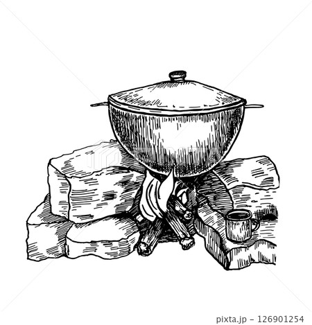 Hand drawn black white vector illustration of a cast iron pot over campfire. Cauldron with lid standing on stones, burning logs drawing. Rustic outdoor cooking sketch for camping, bushcraft prints. Hand drawn black white vector illustration of a cast iron pot over campfire. Cauldron with lid standing on stones, burning logs drawing. Rustic outdoor cooking sketch for camping, bushcraft prints. 126901254