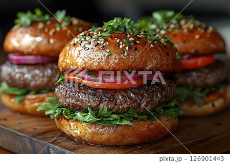 Gourmet Burger Stack with Fresh Ingredients for Culinary Inspiration and Food Photography Generative AI Gourmet Burger Stack with Fresh Ingredients for Culinary Inspiration and Food Photography Generative AI 126901443