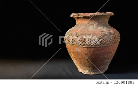 素焼きの壺と黒背景の静物構成 / 古代風の陶器を表現した歴史的イメージ素材 素焼きの壺と黒背景の静物構成 / 古代風の陶器を表現した歴史的イメージ素材 126901898