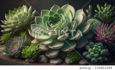 多肉植物の美しい寄せ植え構図 / 癒しと彩りを与えるナチュラルグリーン素材 多肉植物の美しい寄せ植え構図 / 癒しと彩りを与えるナチュラルグリーン素材 126901899