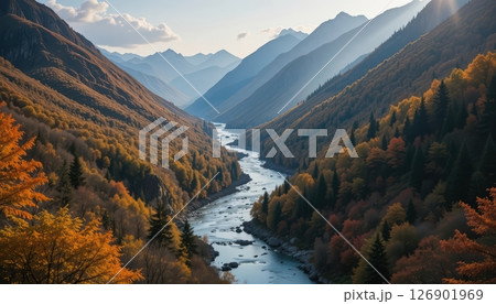 Autumn River Valley Majestic Mountain Landscape 126901969